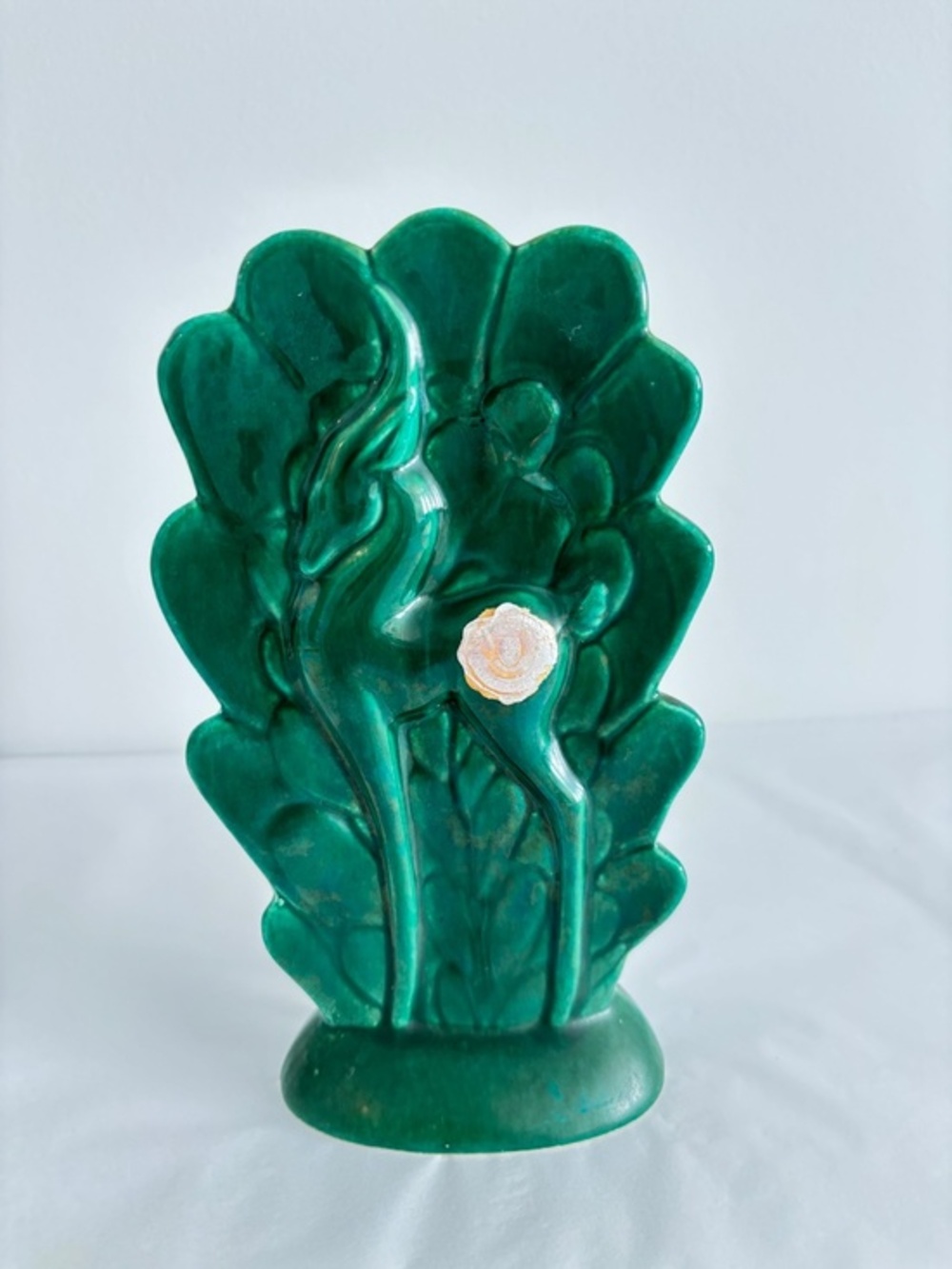 Mid Century Art Deco green glazed ceramic vase 2 sided with gazelle leaf design